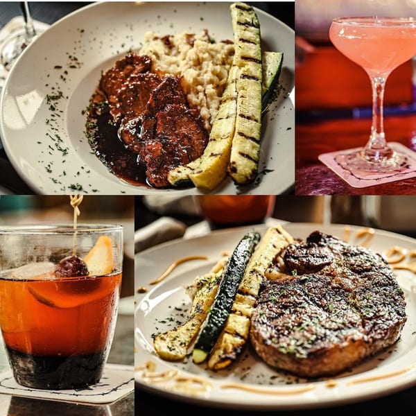 Collage of Silver Creek Beer Garden & Grille dishes: steak, ribs, grilled zucchini, and cocktails.