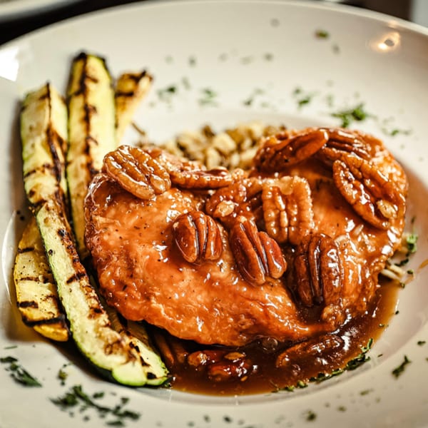 Pecan-crusted chicken with a rich sauce, served with grilled zucchini and rice at Silver Creek Beer Garden & Grille.