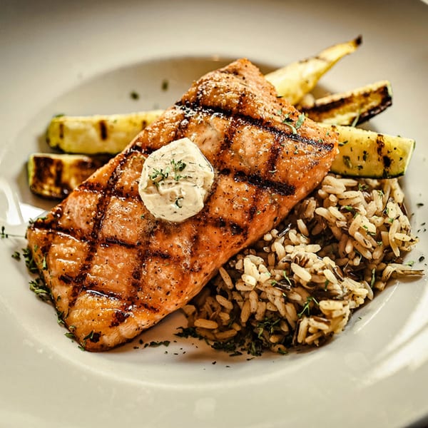 Grilled salmon with herb butter, wild rice, and roasted zucchini on a white plate.