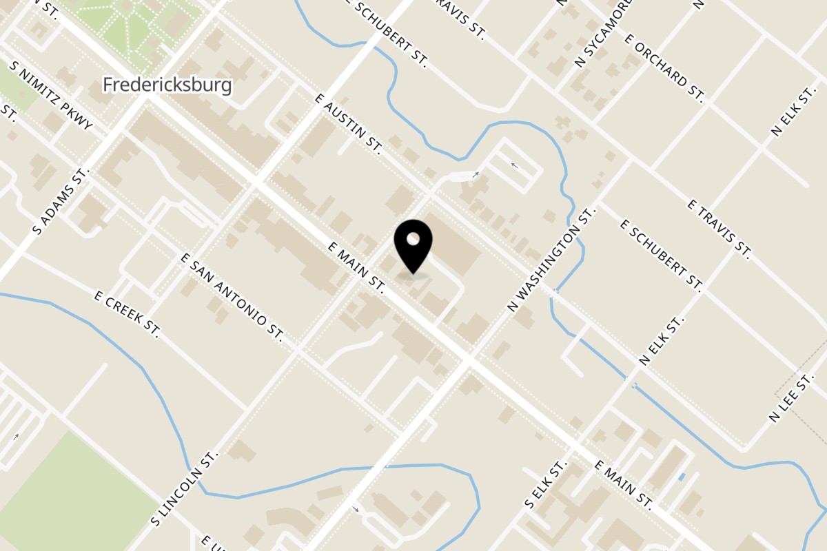 Map showing the location of Silver Creek Beer Garden & Grille on 310 E Main St in Fredericksburg